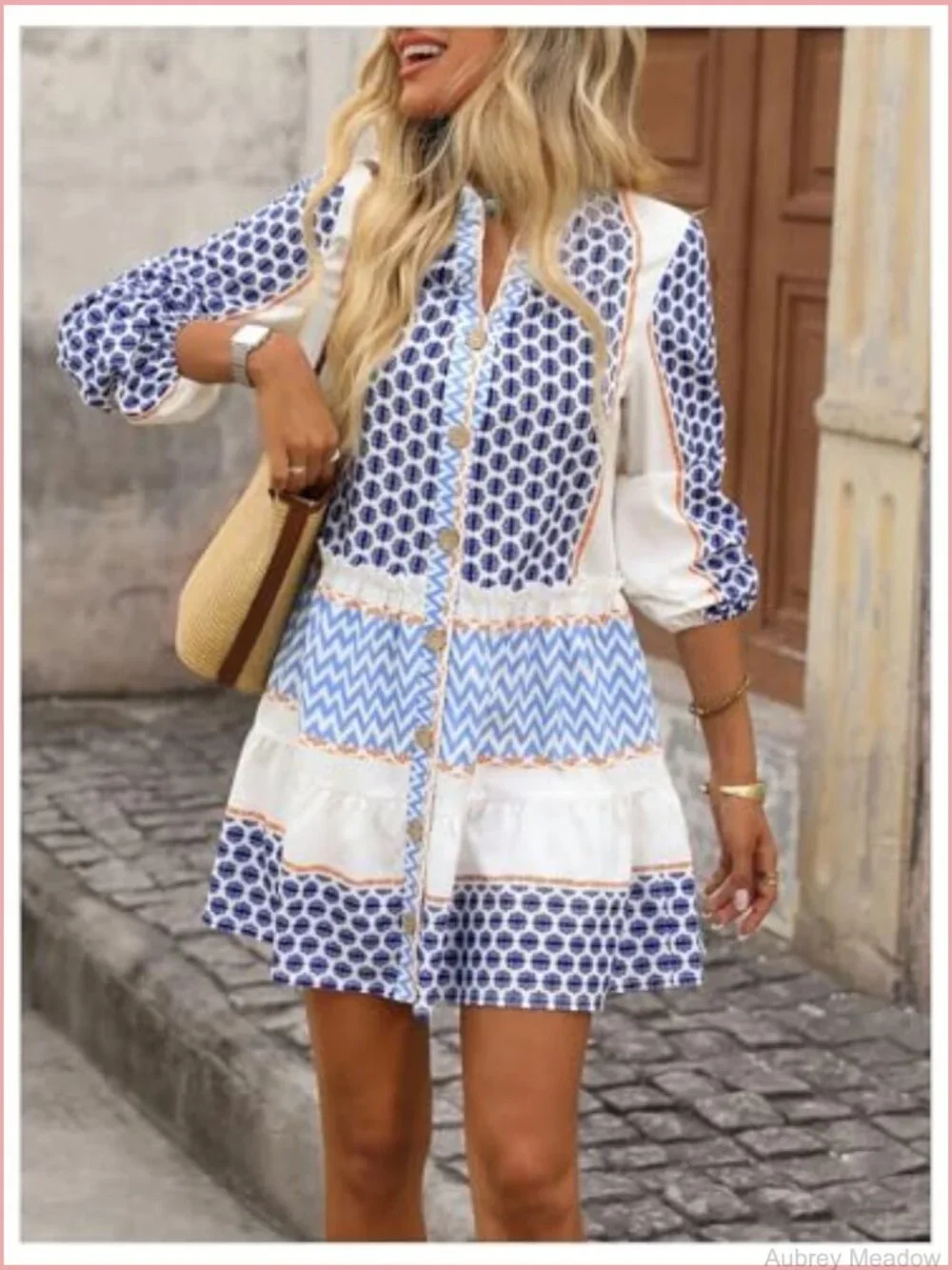 Women's Smocked Mini Dress Flowy Long Sleeve Button Front V Neck Ruffle Hem - Picture 5 of 5